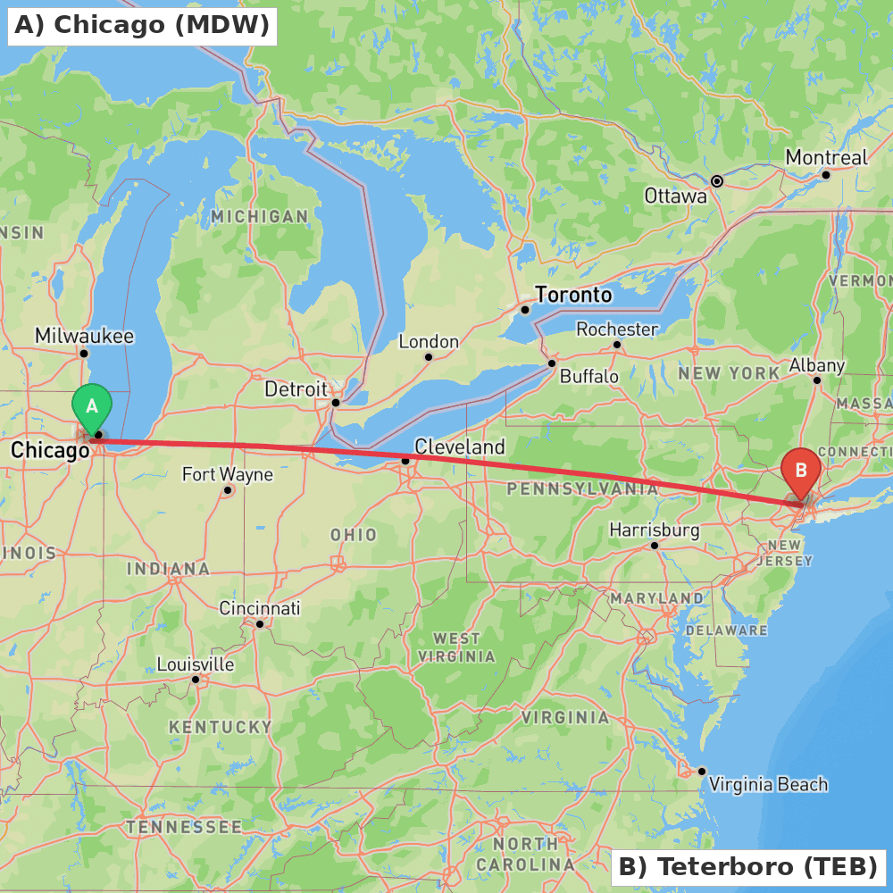 Flight route map from Chicago to Teterboro