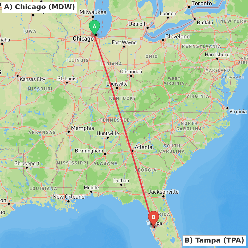 Flight route map from Chicago to Tampa