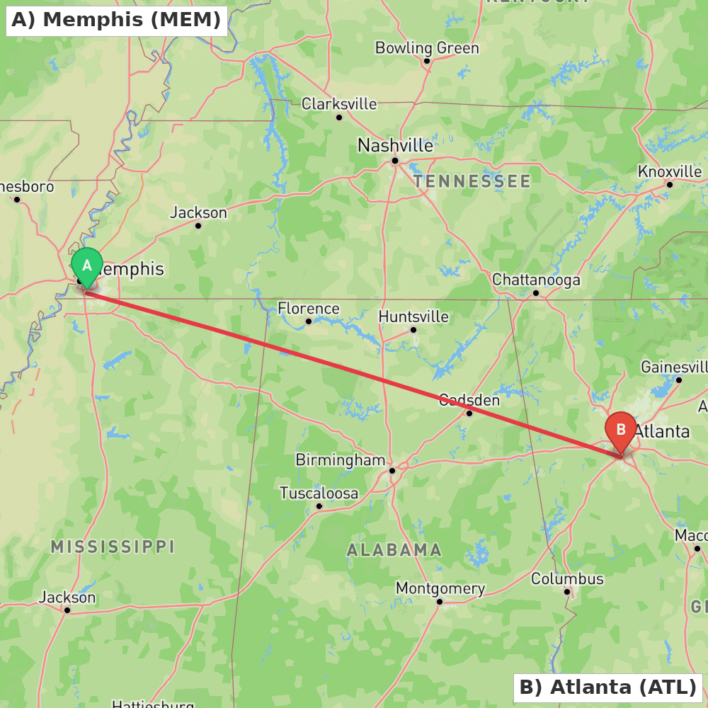 Flight route map from Memphis to Atlanta