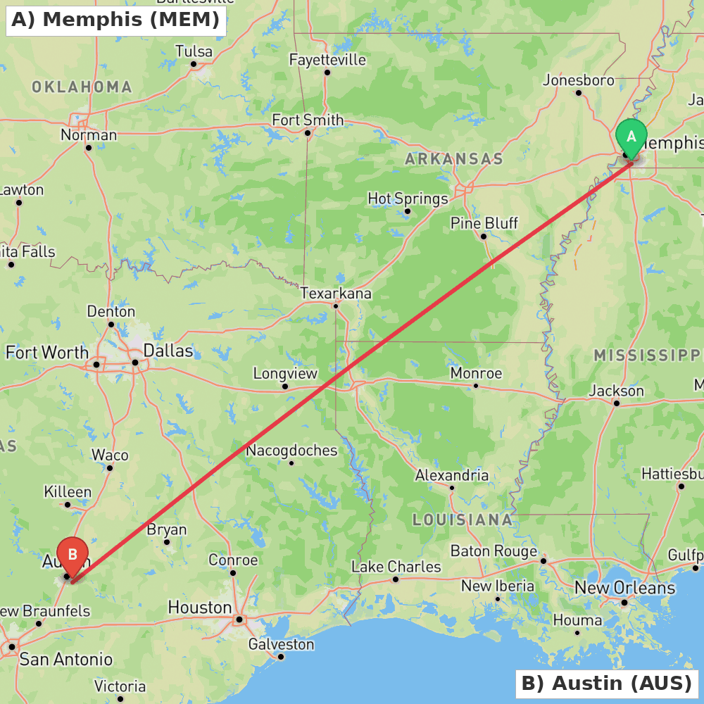 Flight route map from Memphis to Austin