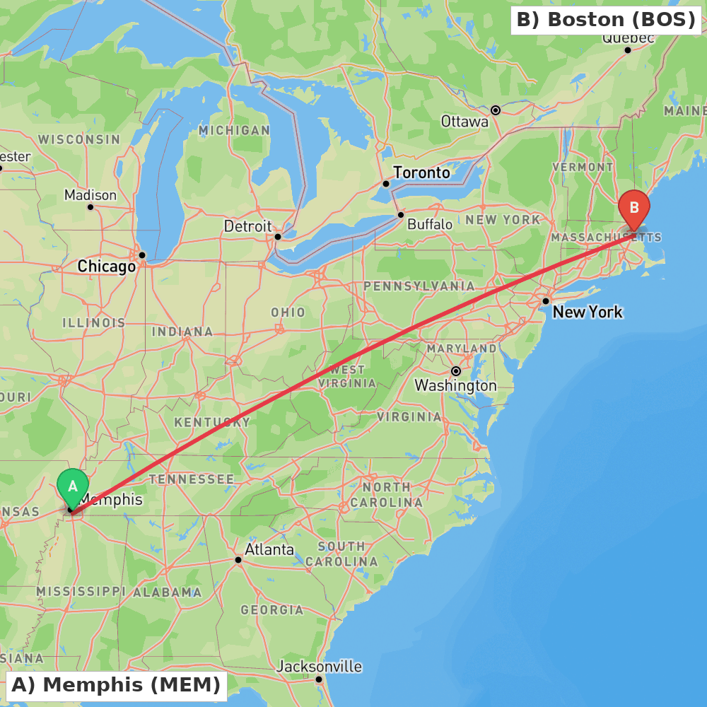 Flight route map from Memphis to Boston