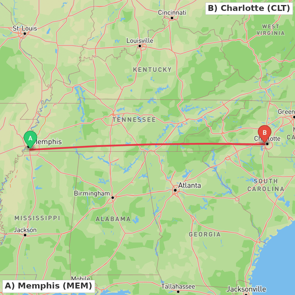 Flight route map from Memphis to Charlotte