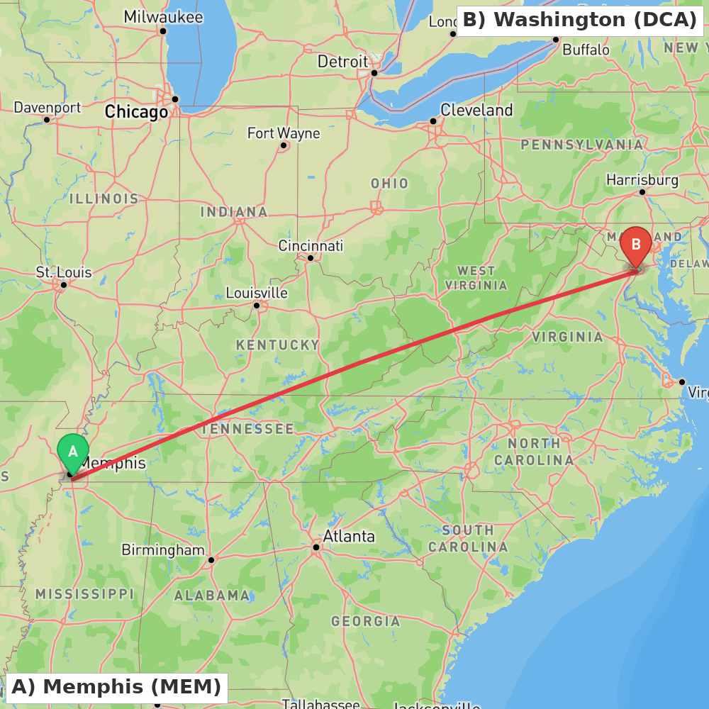 Flight route map from Memphis to Washington