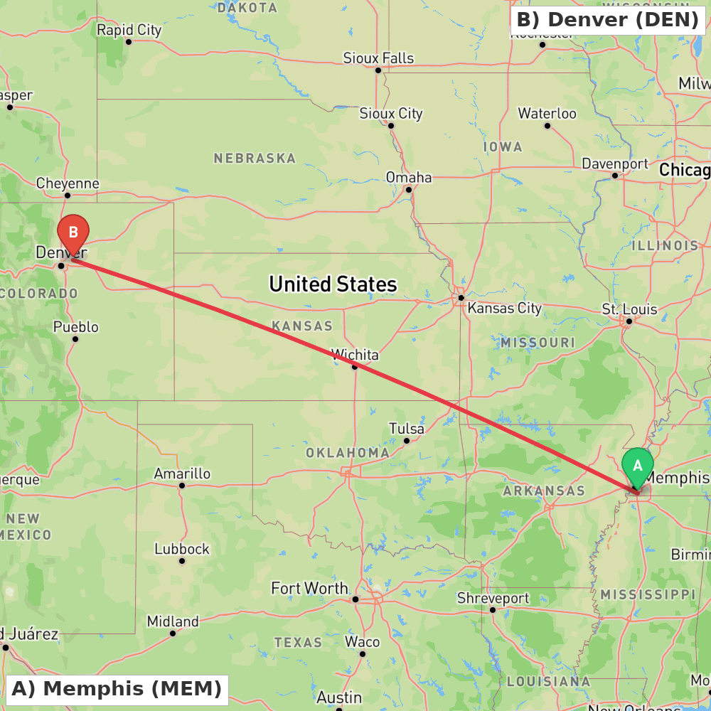 Flight route map from Memphis to Denver