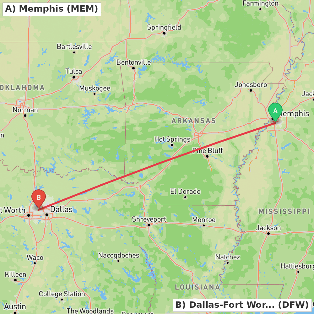 Flight route map from Memphis to Dallas-Fort Worth
