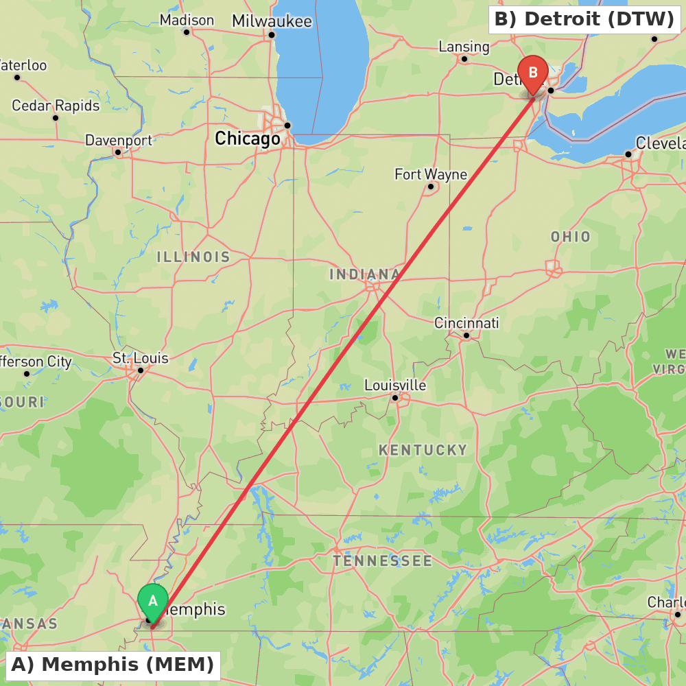 Flight route map from Memphis to Detroit