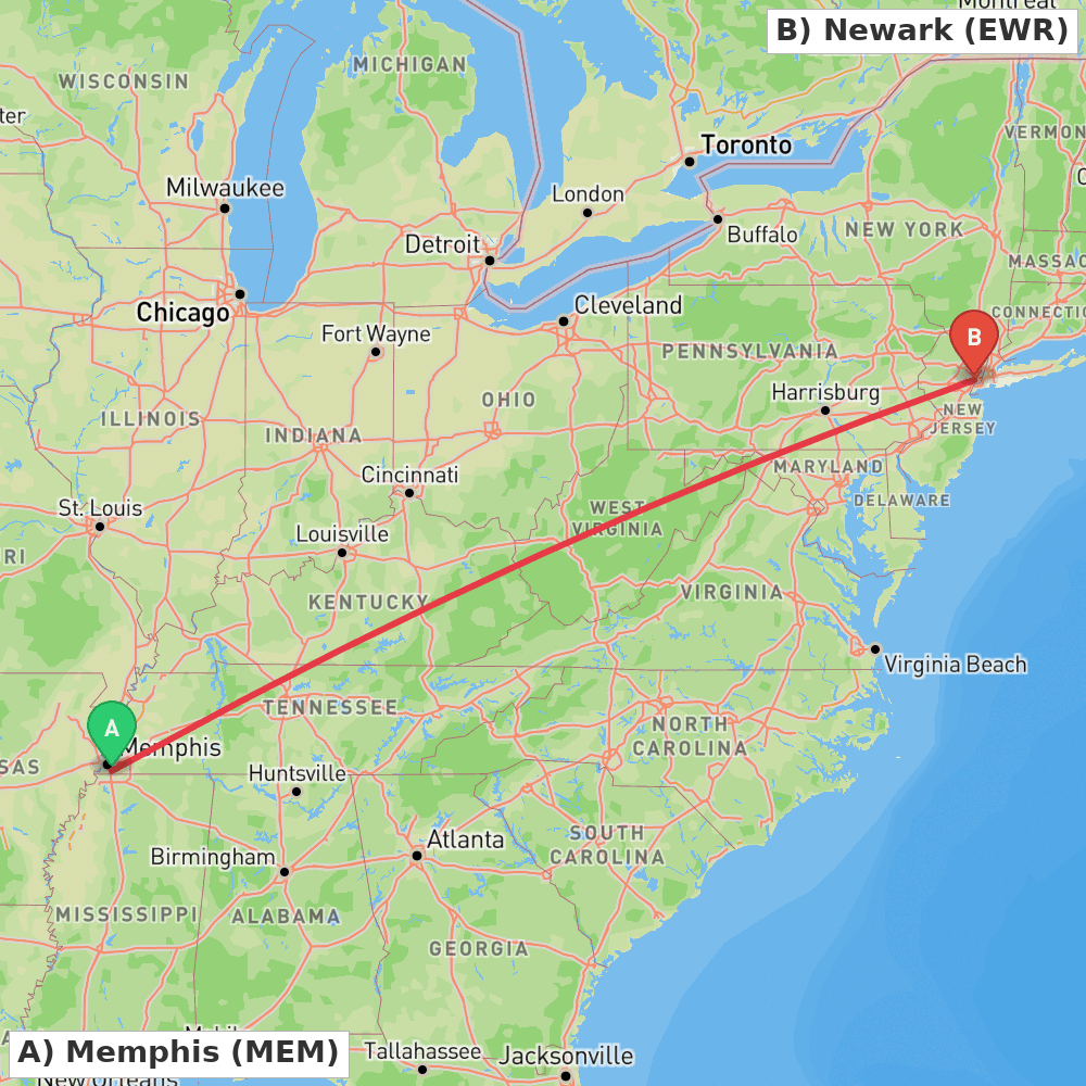 Flight route map from Memphis to Newark