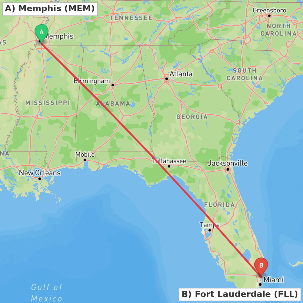 Flight route map from Memphis to Fort Lauderdale