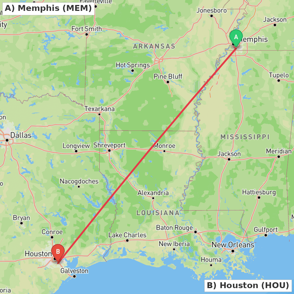 Flight route map from Memphis to Houston