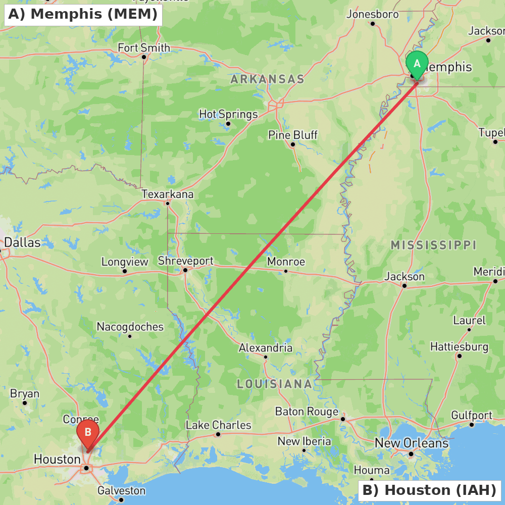 Flight route map from Memphis to Houston