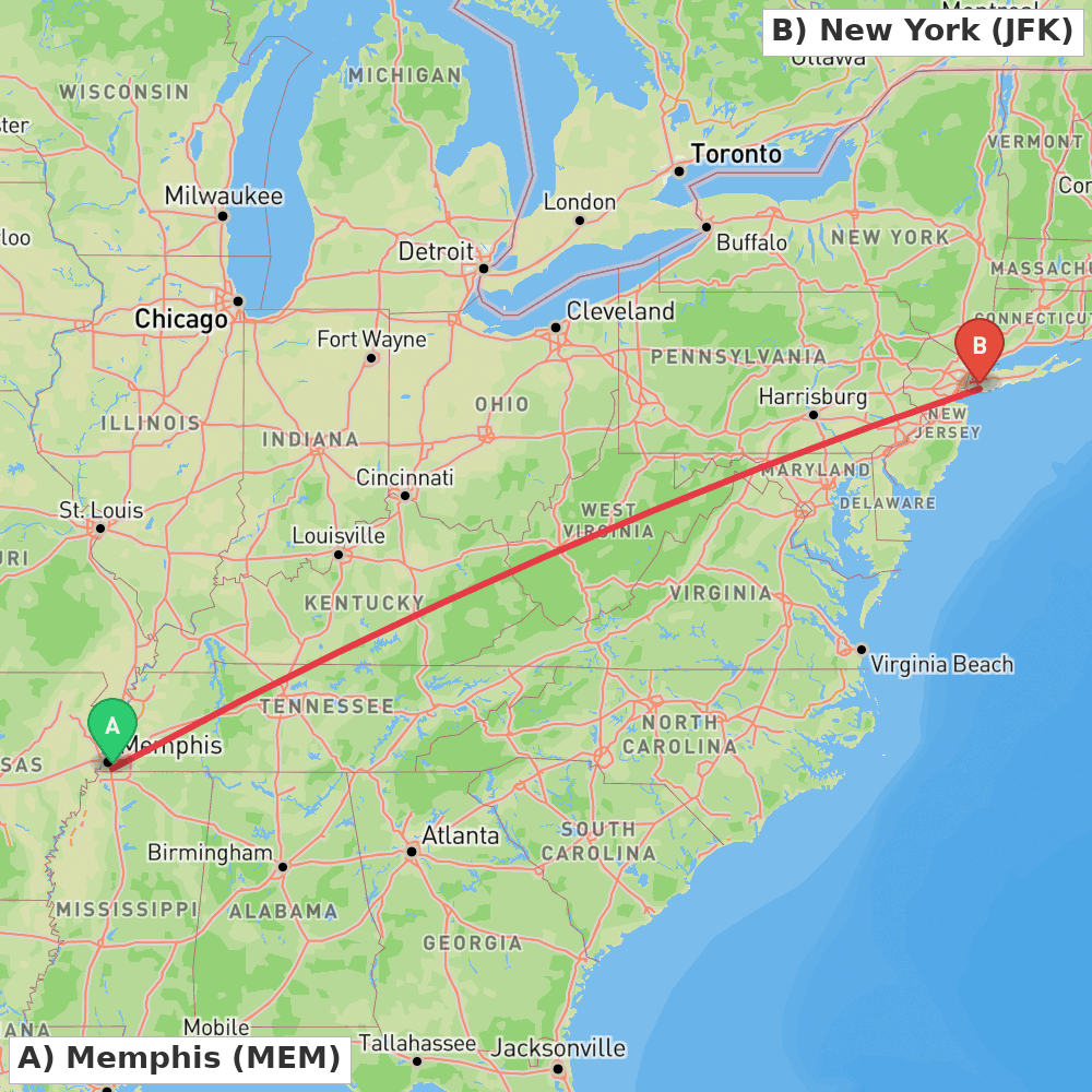 Flight route map from Memphis to New York