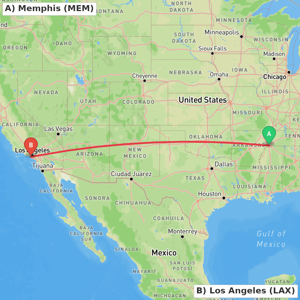 Flight route map from Memphis to Los Angeles
