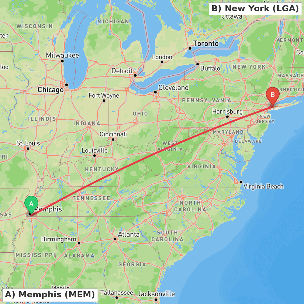 Flight route map from Memphis to New York