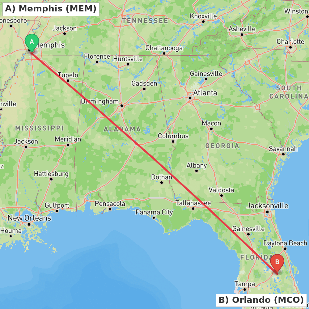 Flight route map from Memphis to Orlando