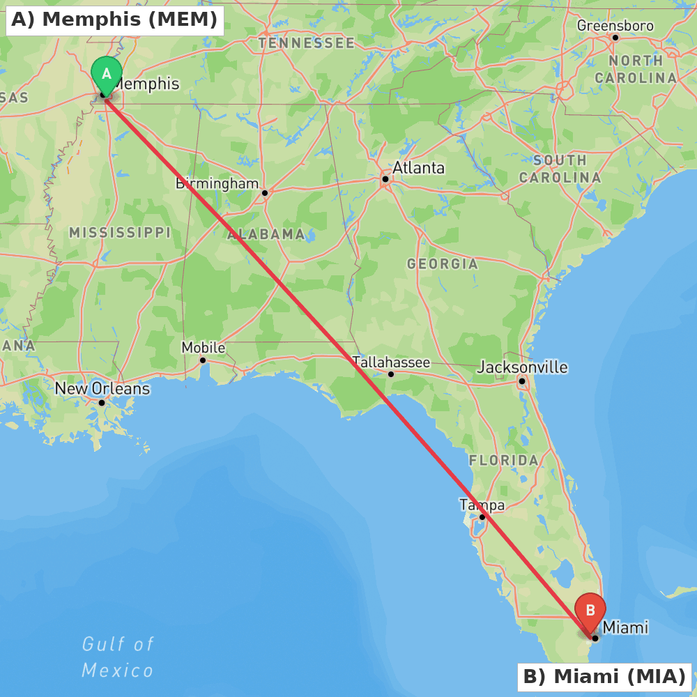 Flight route map from Memphis to Miami