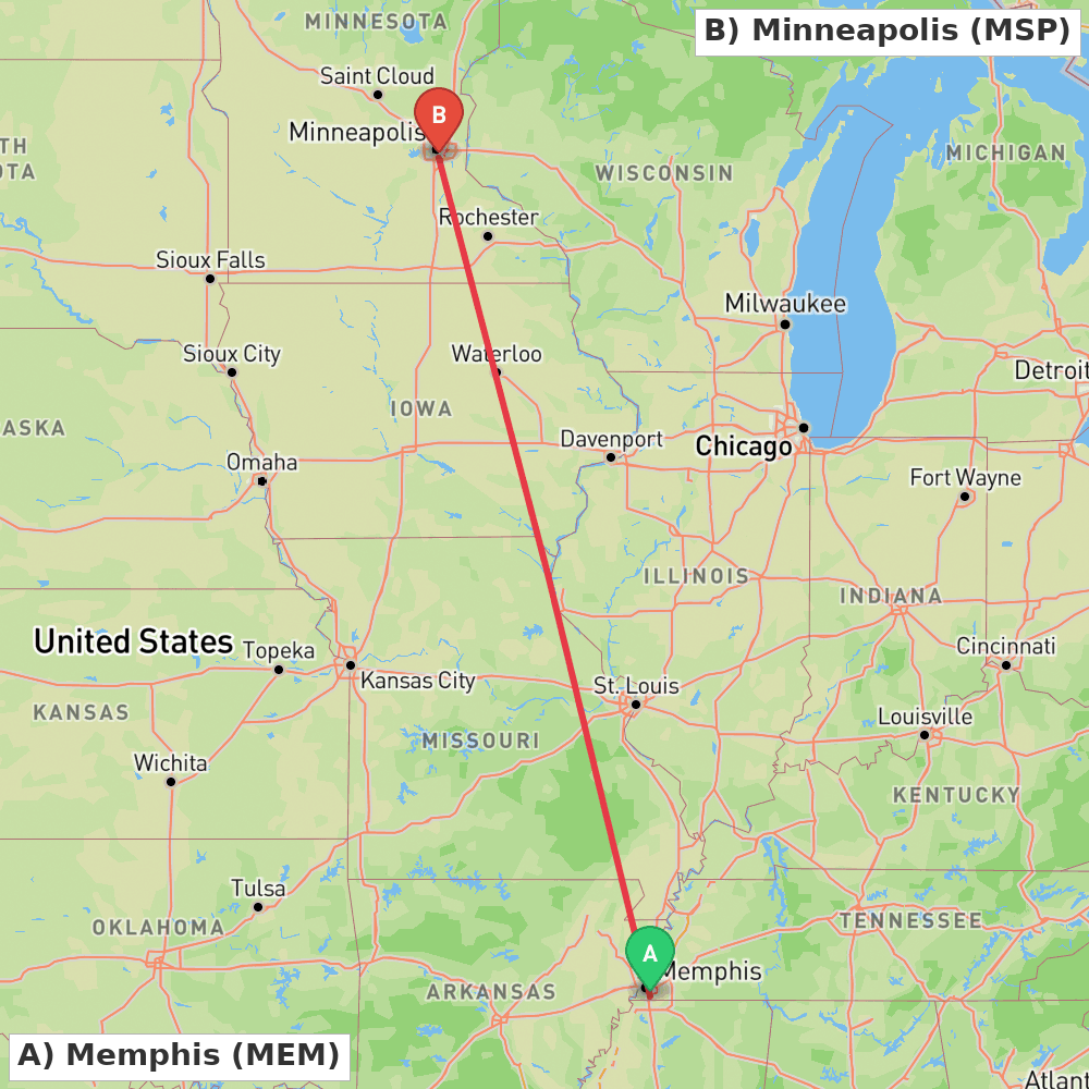 Flight route map from Memphis to Minneapolis