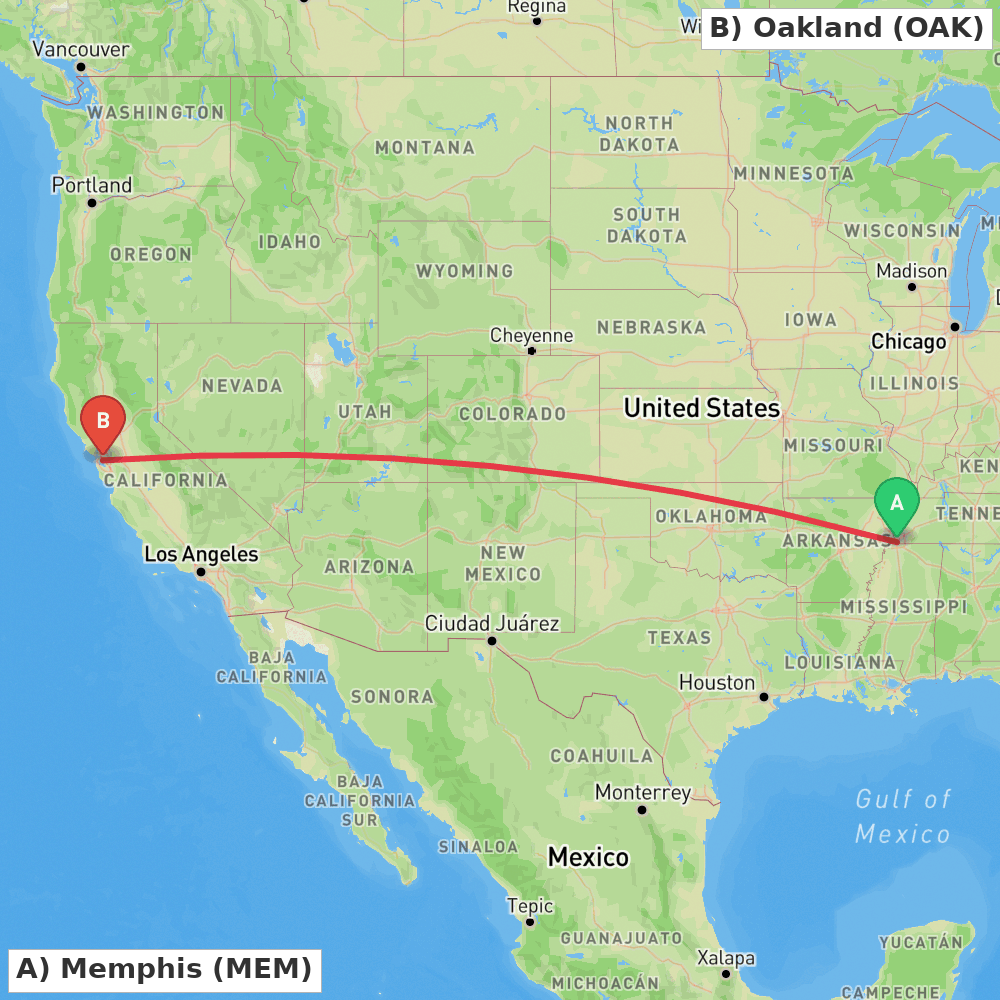 Flight route map from Memphis to Oakland