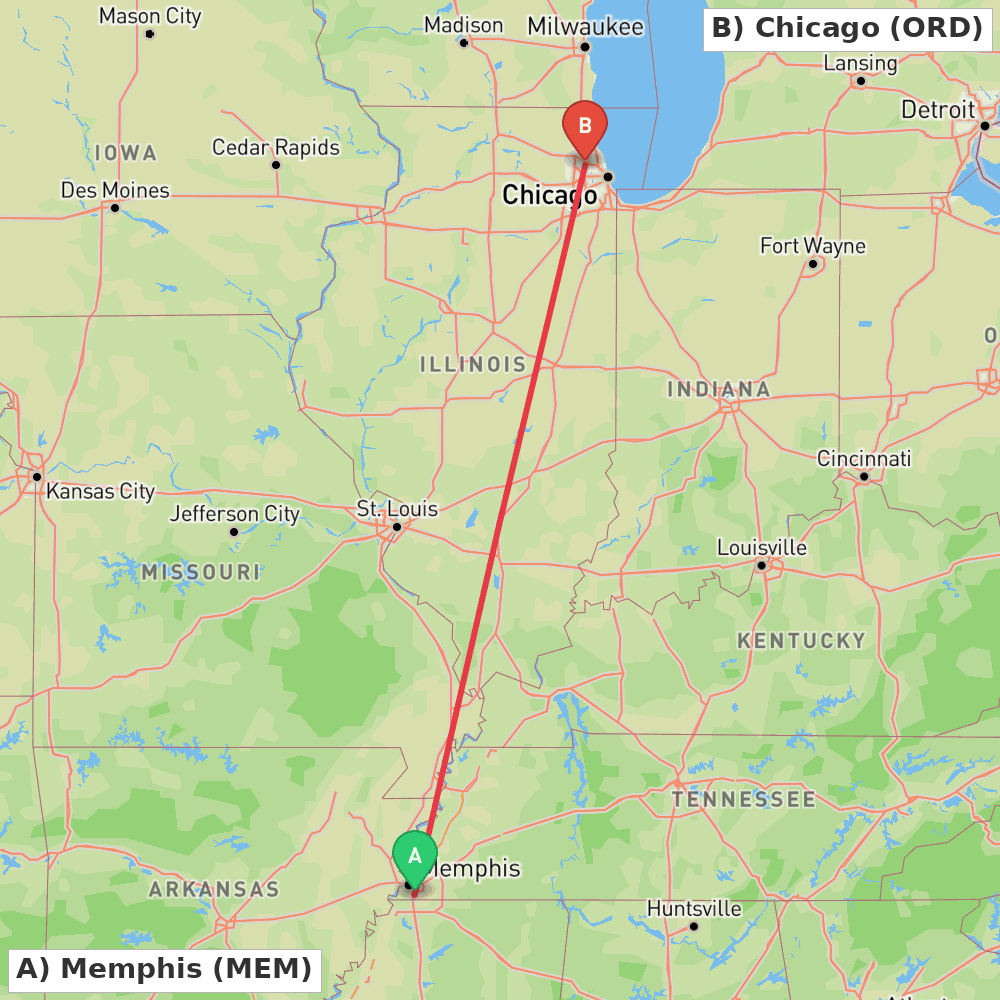 Flight route map from Memphis to Chicago