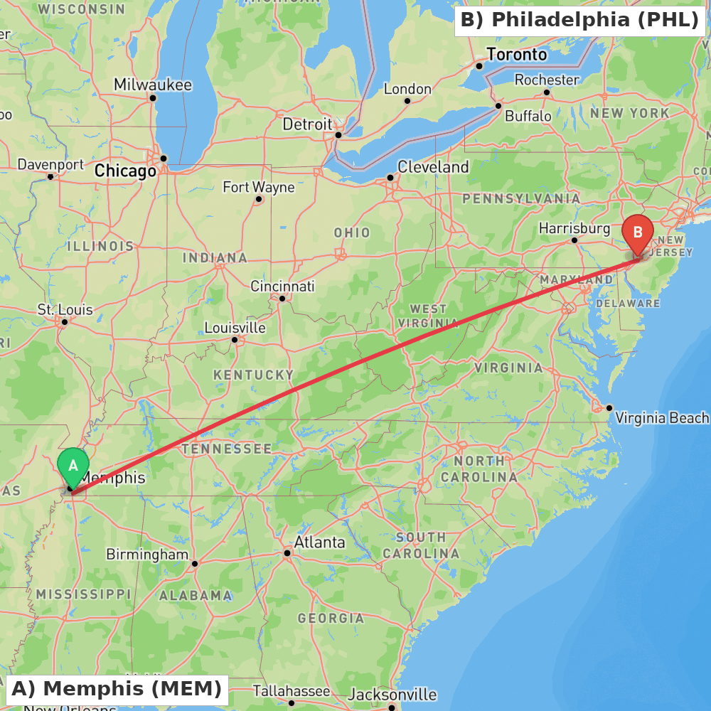 Flight route map from Memphis to Philadelphia