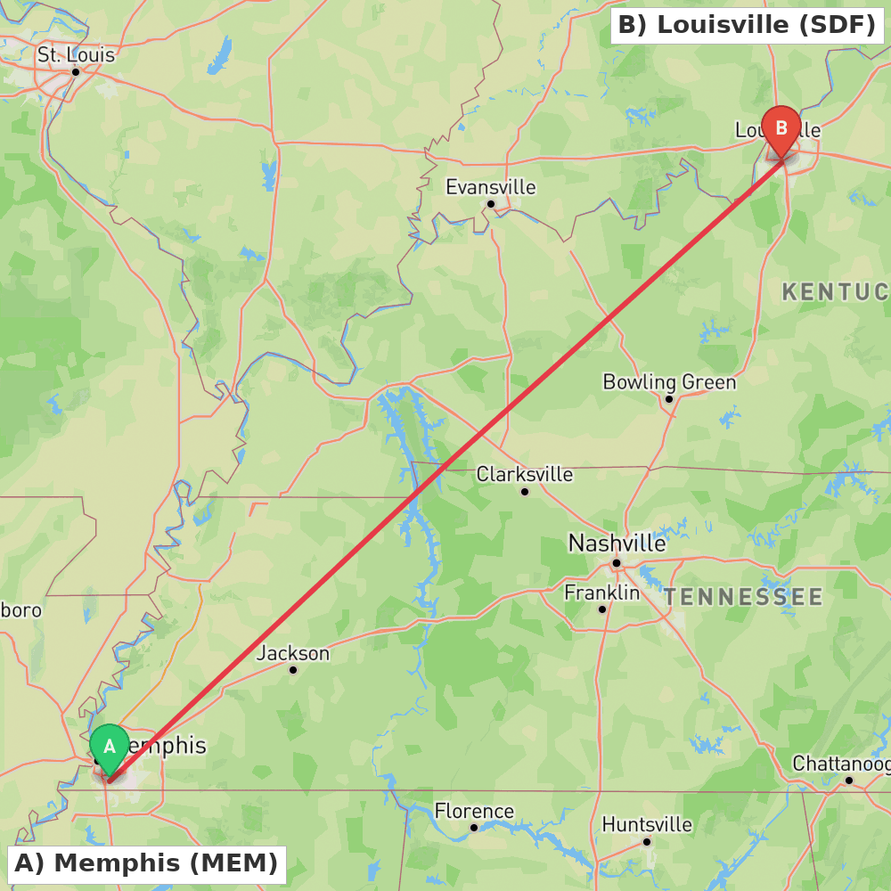 Flight route map from Memphis to Louisville