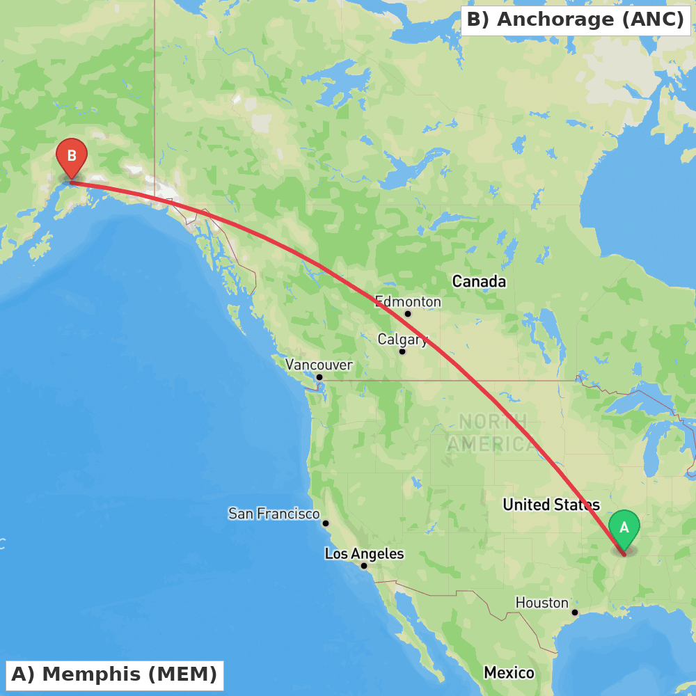 Flight route map from Memphis to Anchorage