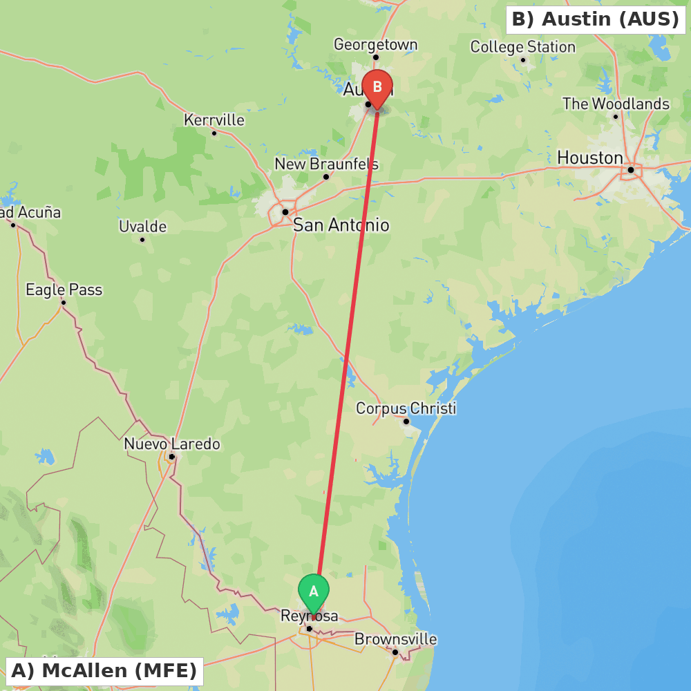 Flight route map from McAllen to Austin