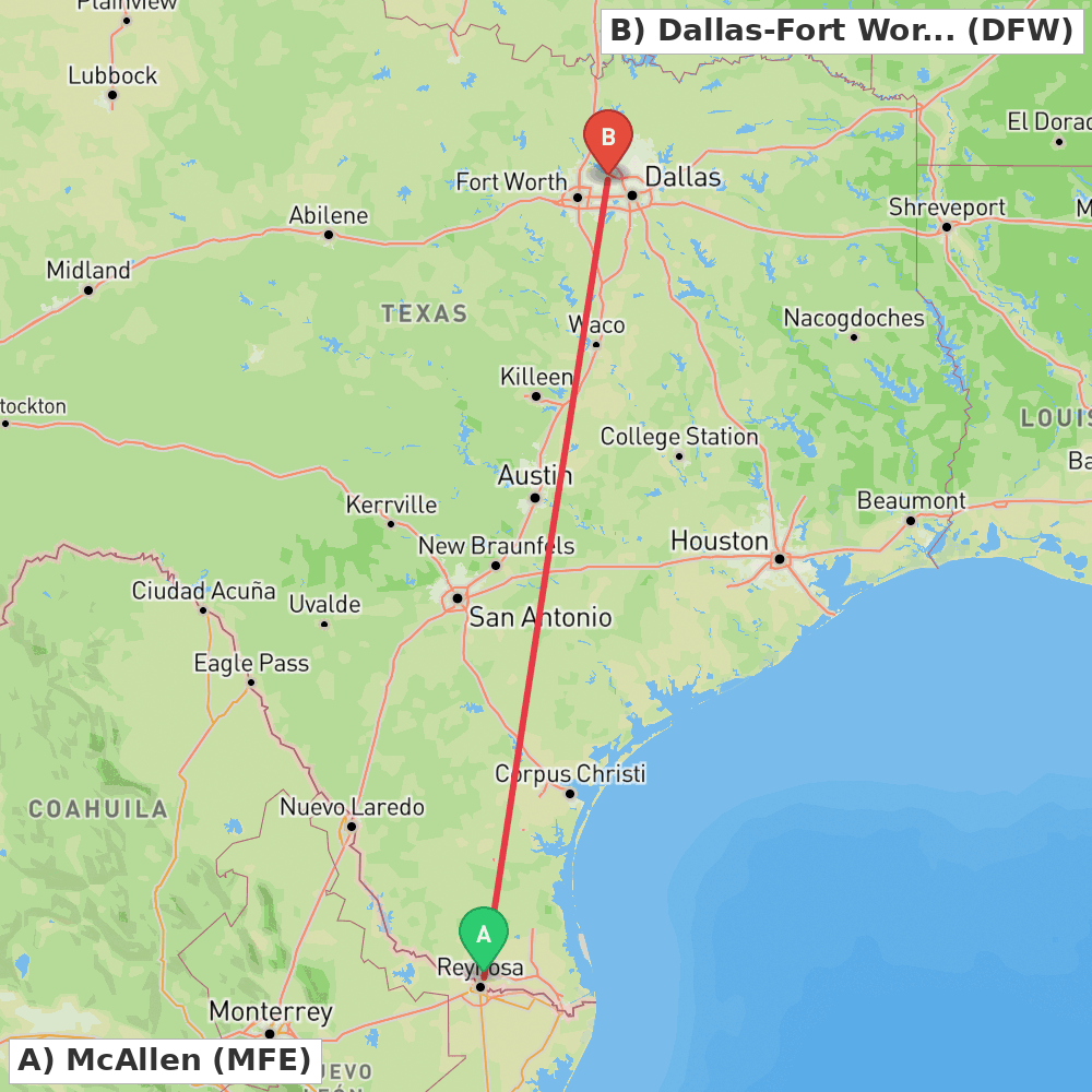 Flight route map from McAllen to Dallas-Fort Worth