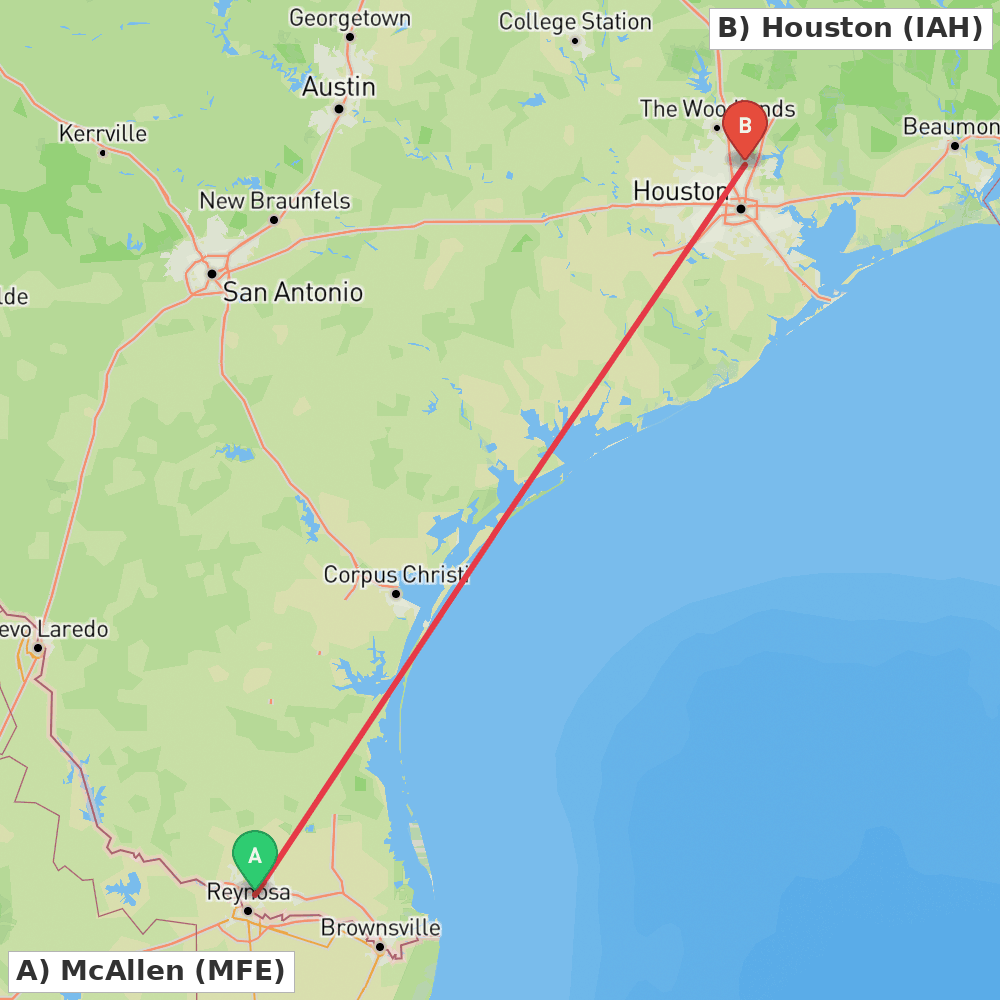 Flight route map from McAllen to Houston