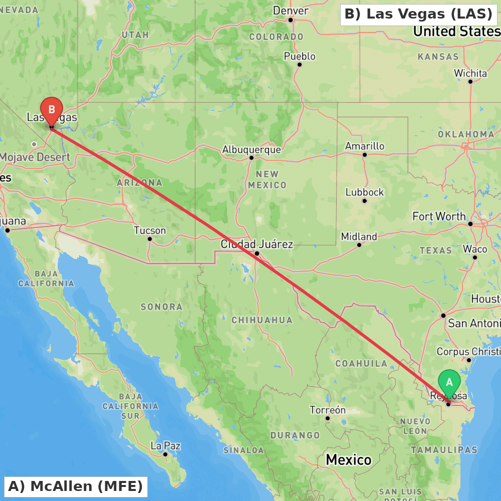 Flight route map from McAllen to Las Vegas