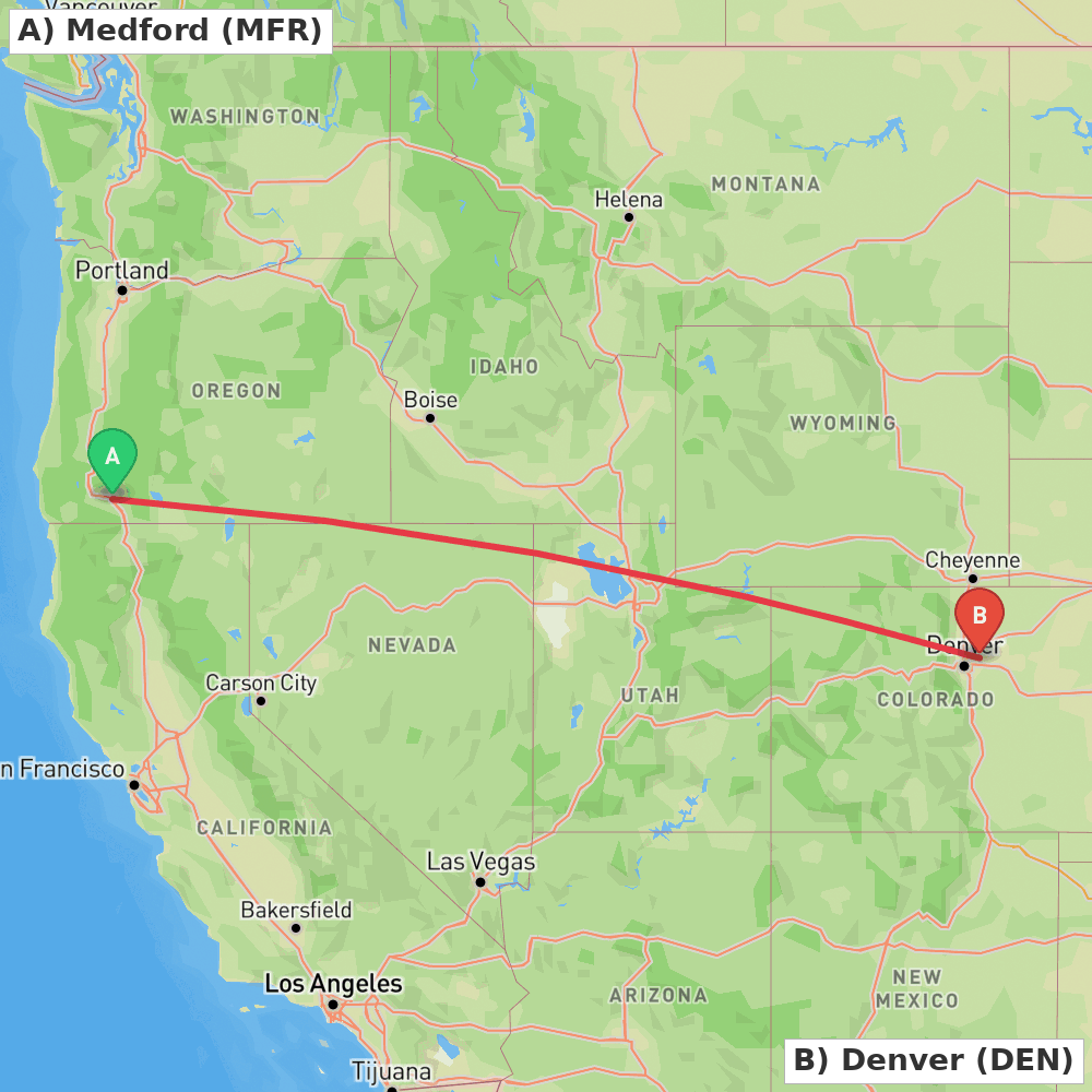 Flight route map from Medford to Denver