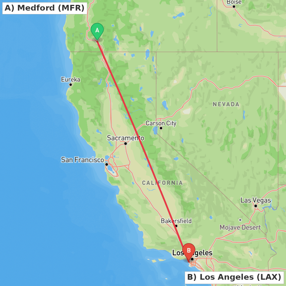 Flight route map from Medford to Los Angeles