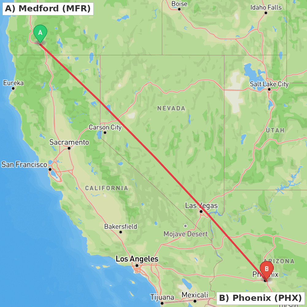 Flight route map from Medford to Phoenix