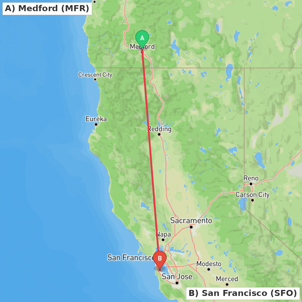 Flight route map from Medford to San Francisco