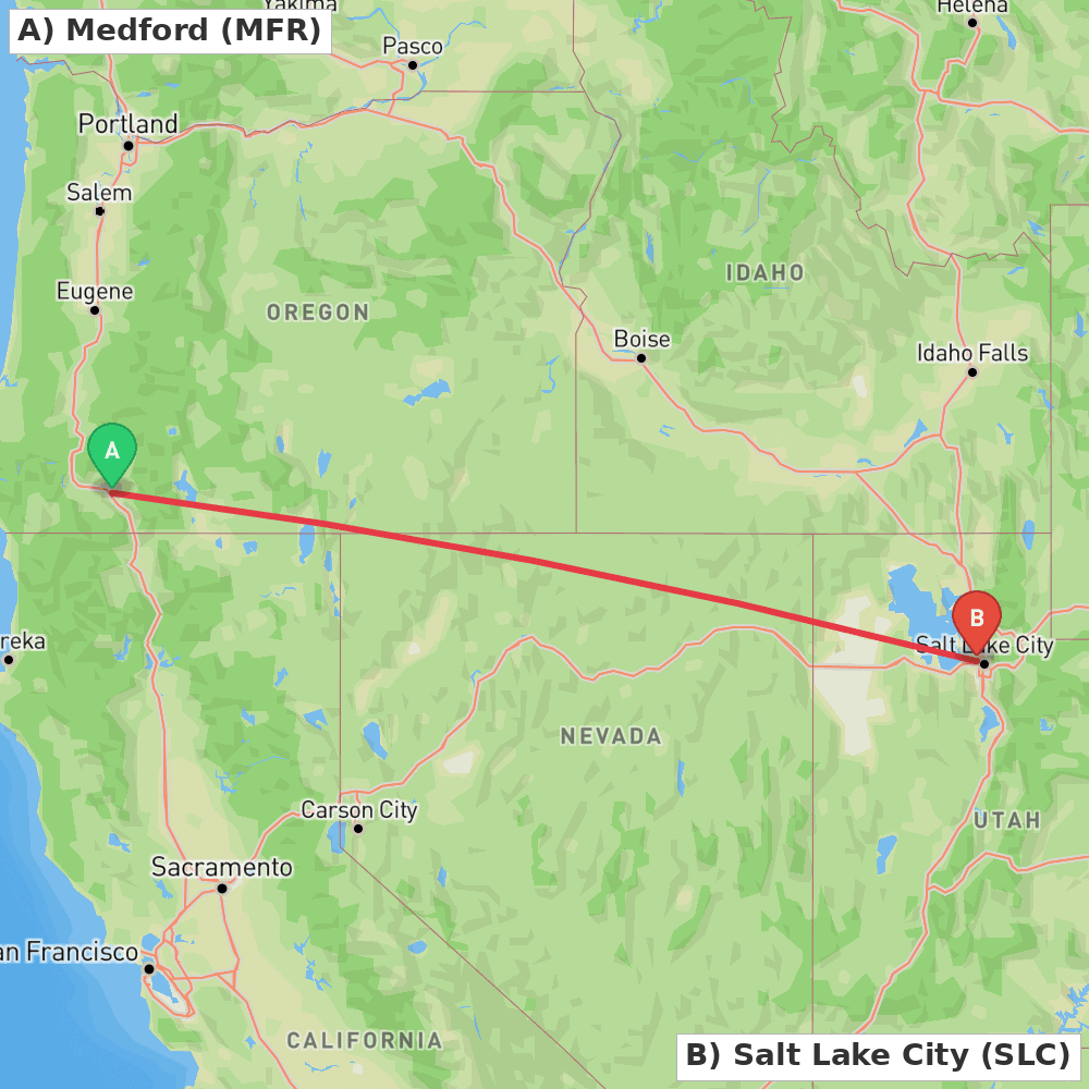 Flight route map from Medford to Salt Lake City
