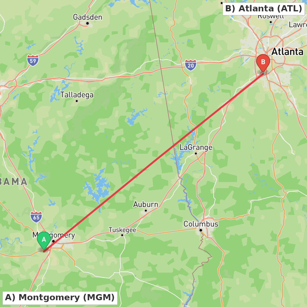 Flight route map from Montgomery to Atlanta