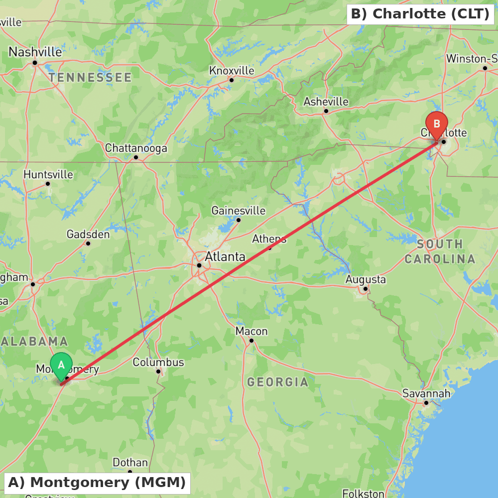 Flight route map from Montgomery to Charlotte