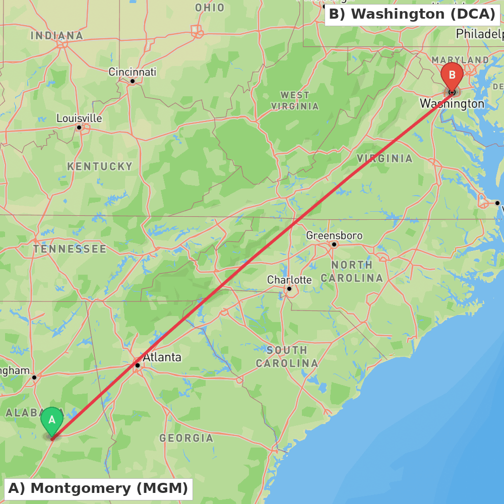 Flight route map from Montgomery to Washington