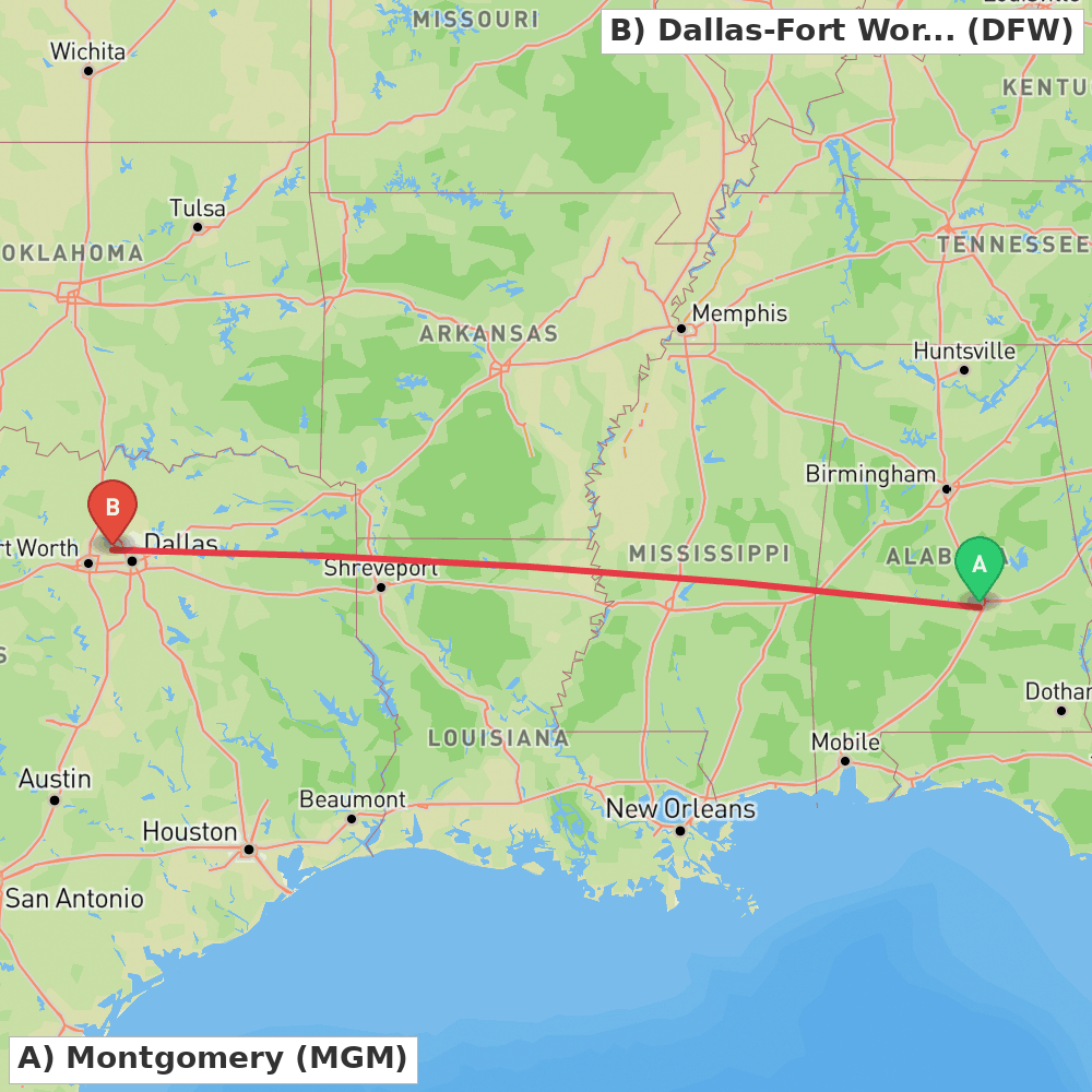 Flight route map from Montgomery to Dallas-Fort Worth