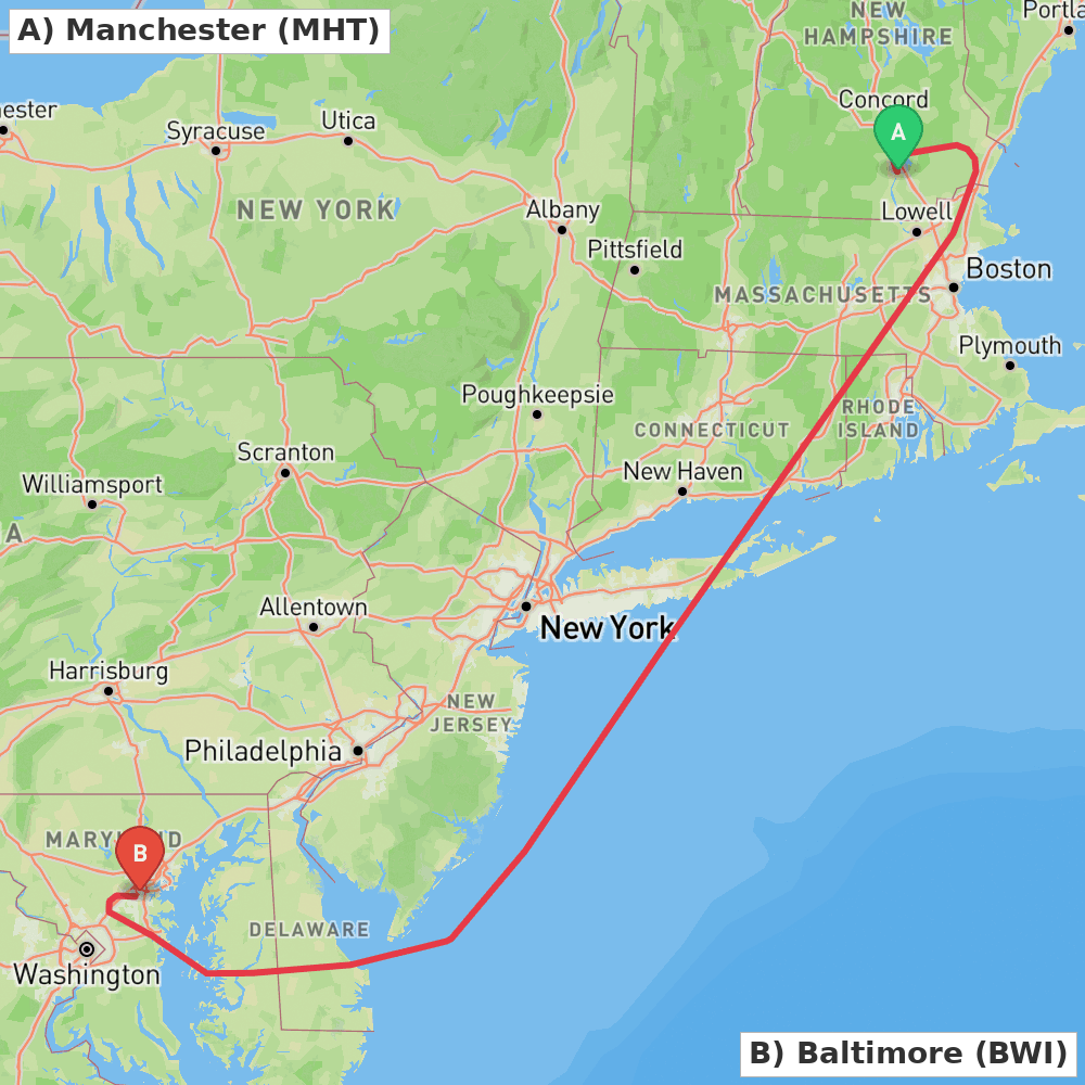 Flight route map from Manchester to Baltimore