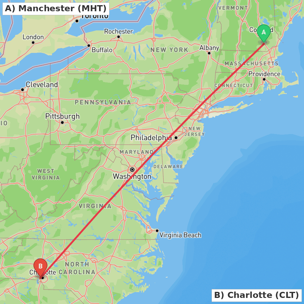 Flight route map from Manchester to Charlotte