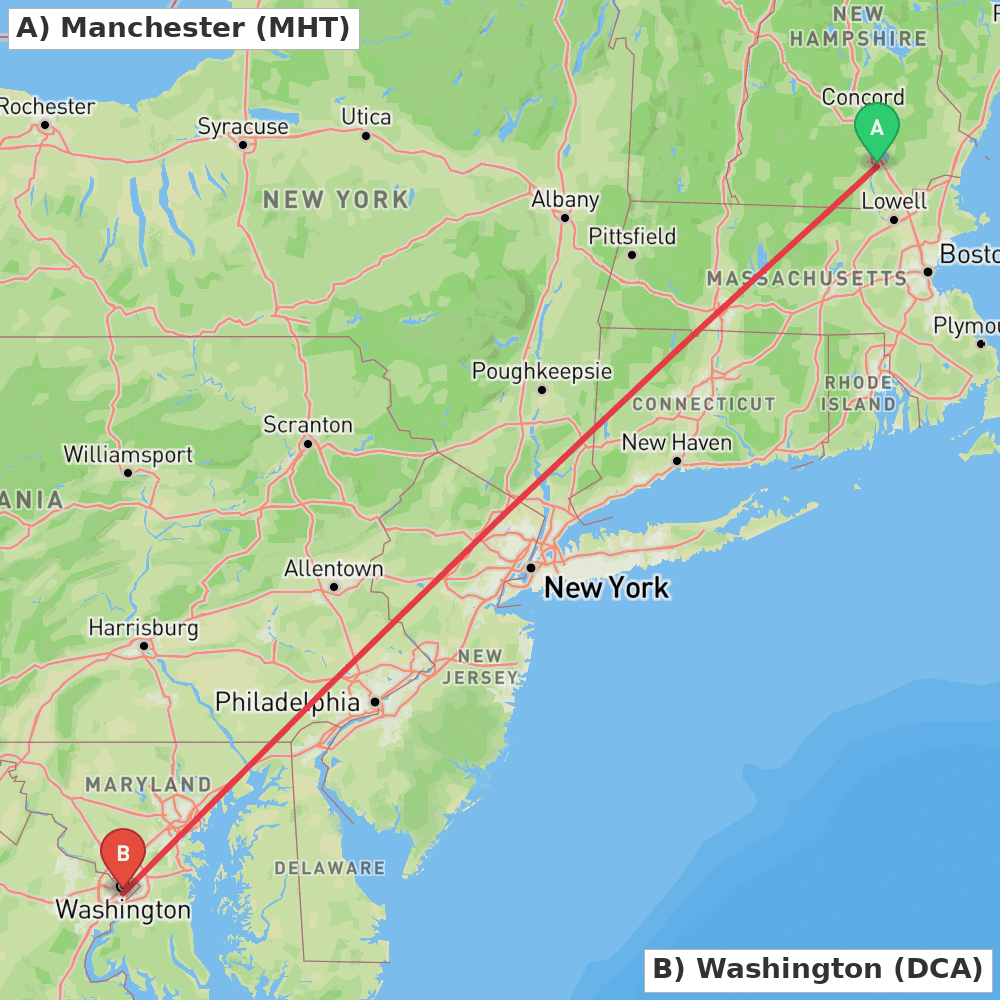 Flight route map from Manchester to Washington