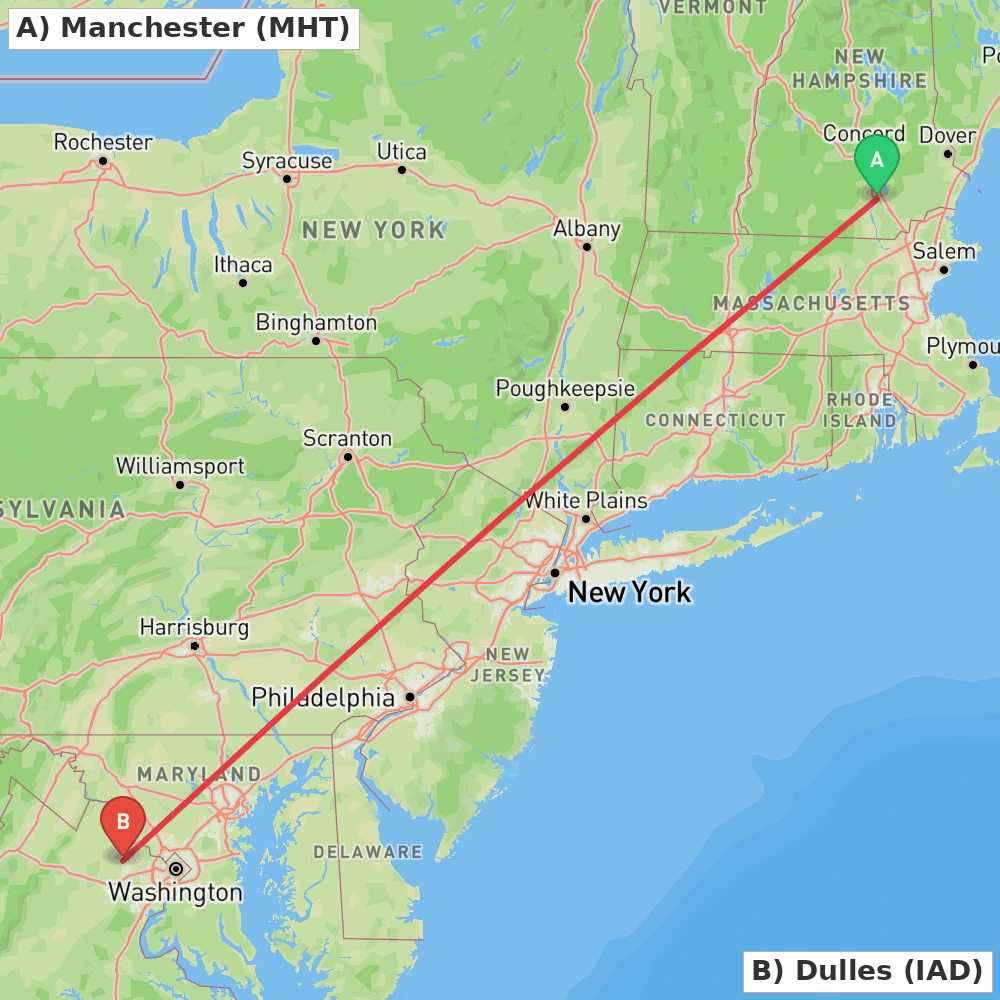 Flight route map from Manchester to Dulles