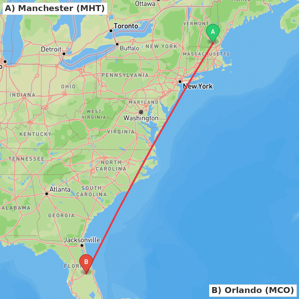 Flight route map from Manchester to Orlando