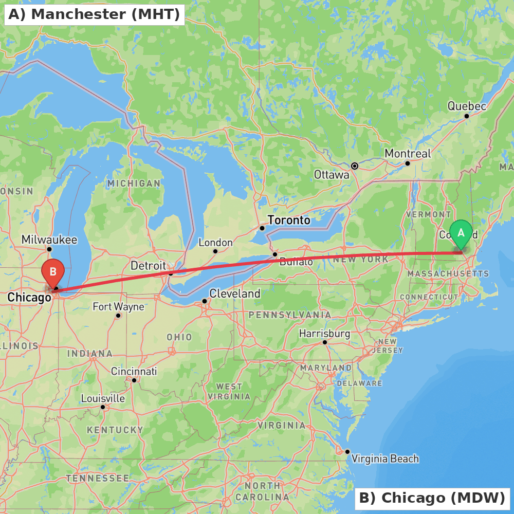 Flight route map from Manchester to Chicago