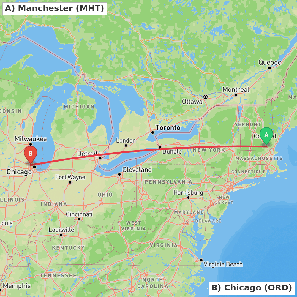 Flight route map from Manchester to Chicago