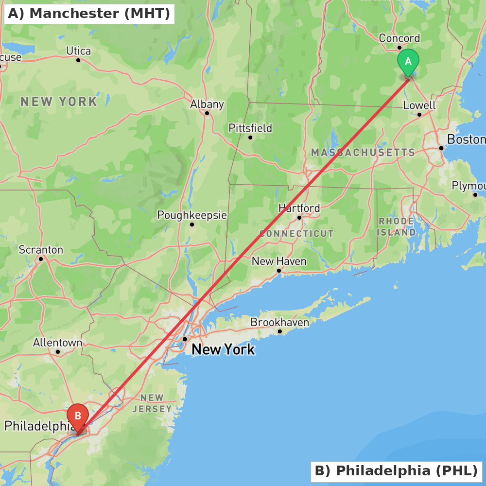 Flight route map from Manchester to Philadelphia