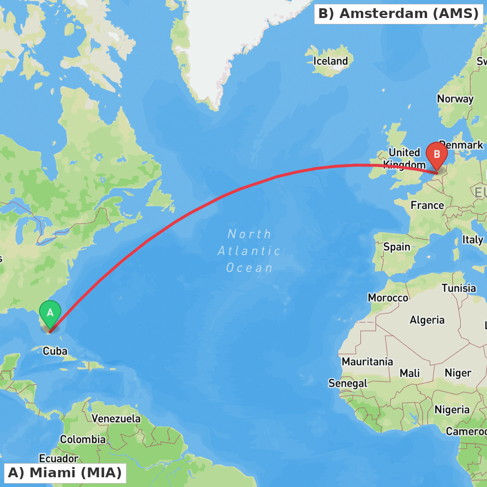 Flight route map from Miami to Amsterdam