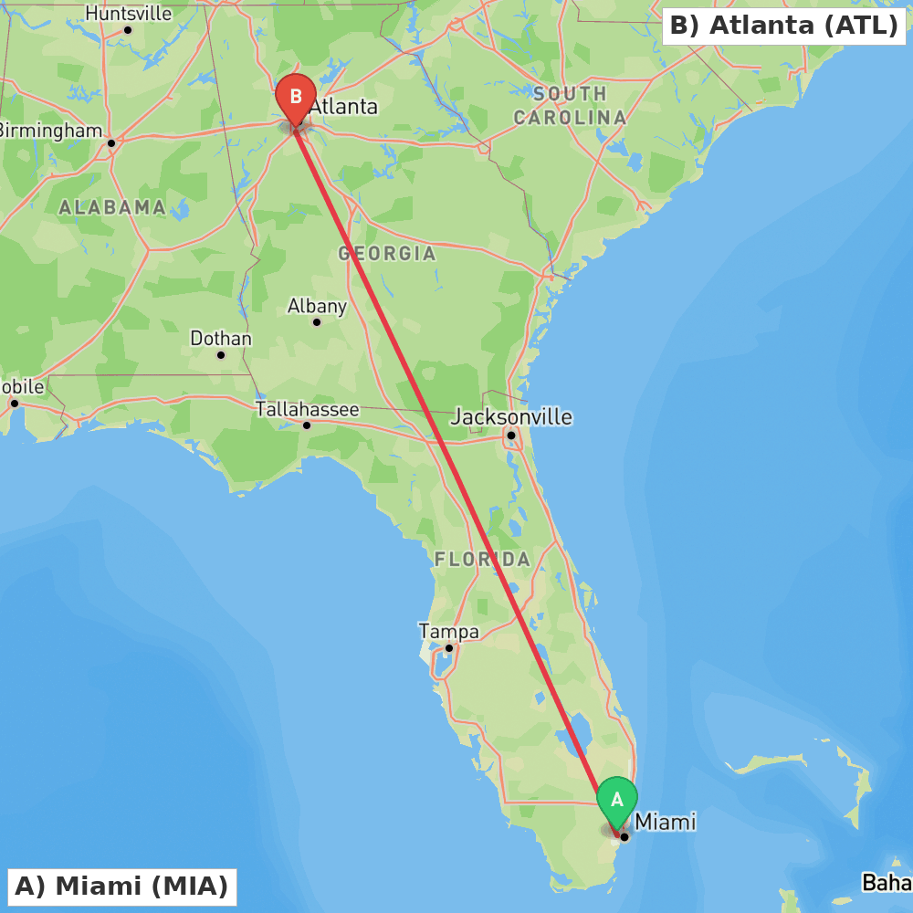 Flight route map from Miami to Atlanta