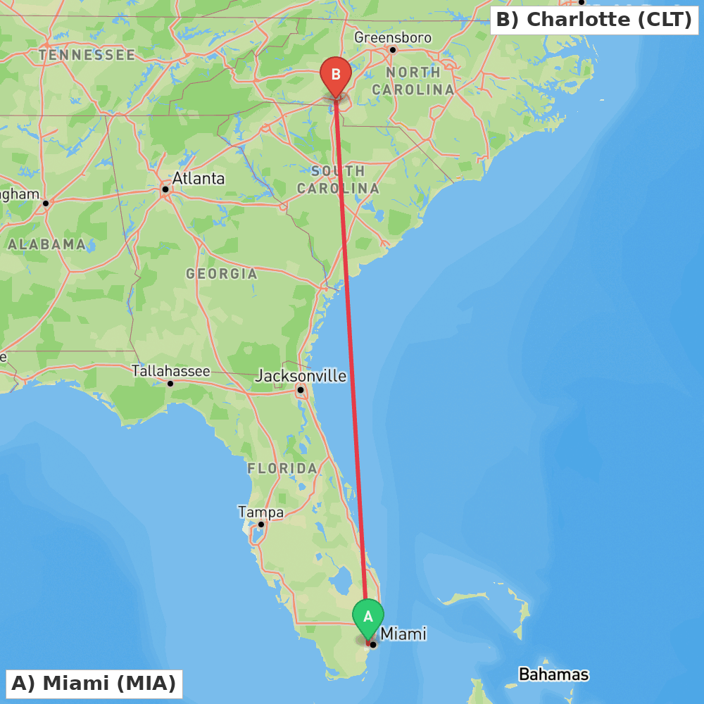 Flight route map from Miami to Charlotte