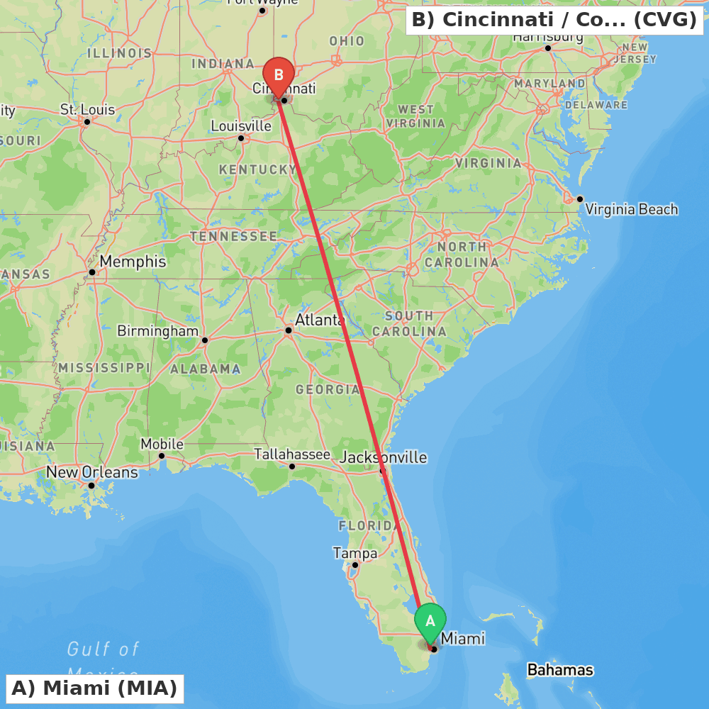 Flight route map from Miami to Cincinnati / Covington